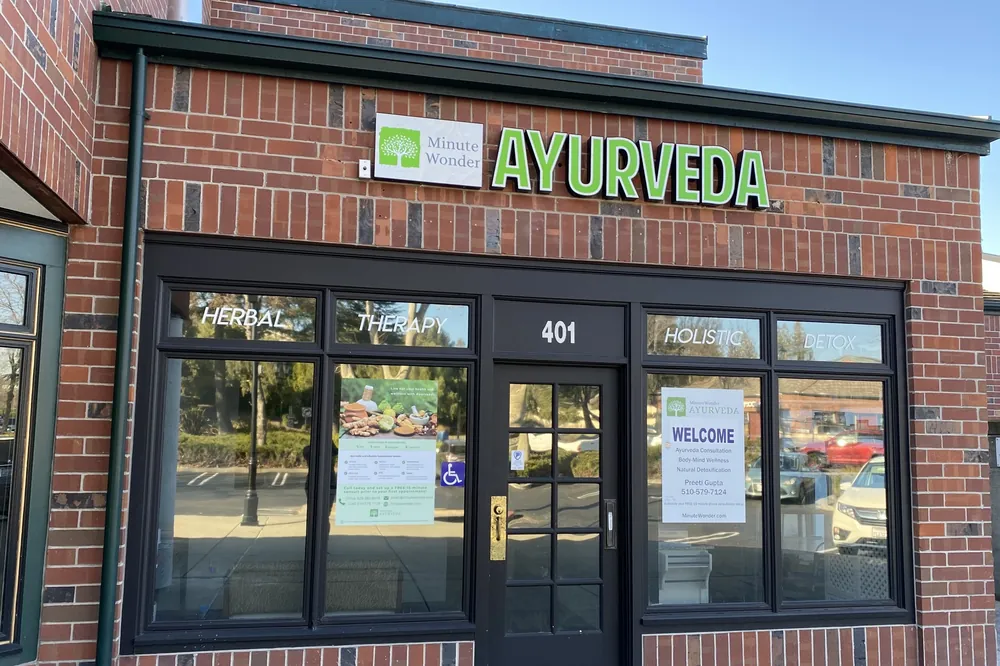 The Minute Wonder Ayurveda storefront at 401 Market Place, San Ramon
